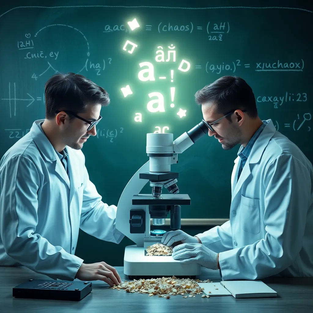 three scientists in lab coats examining keyboard debris under a giant microscope, glowing Cyrillic symbols floating above the lens, chalkboard covered in nonsensical equations like 'а│╒ = √(chaos)' in background