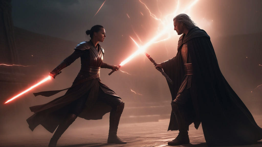 A climactic battle between a young Jedi woman and an ancient Sith Lord, with lightning and dramatic lighting, highly detailed, epic atmosphere