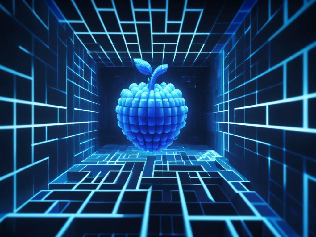 Glowing blue fruit in a pixelated maze