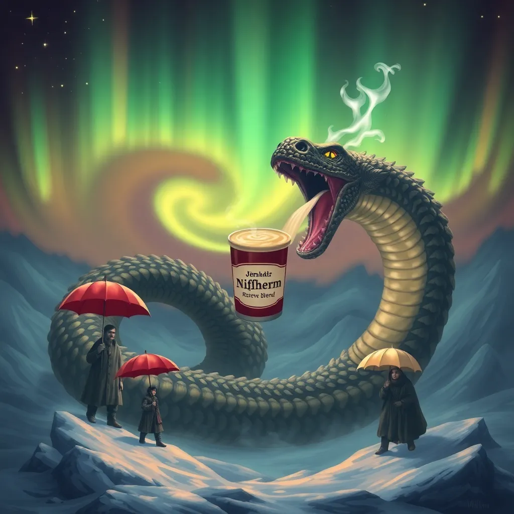 Giant serpent Jörmungandr vomiting a steaming latte cup labeled 'Niflheim Reserve Blend', confused frost giants holding umbrellas, aurora borealis shaped like error messages