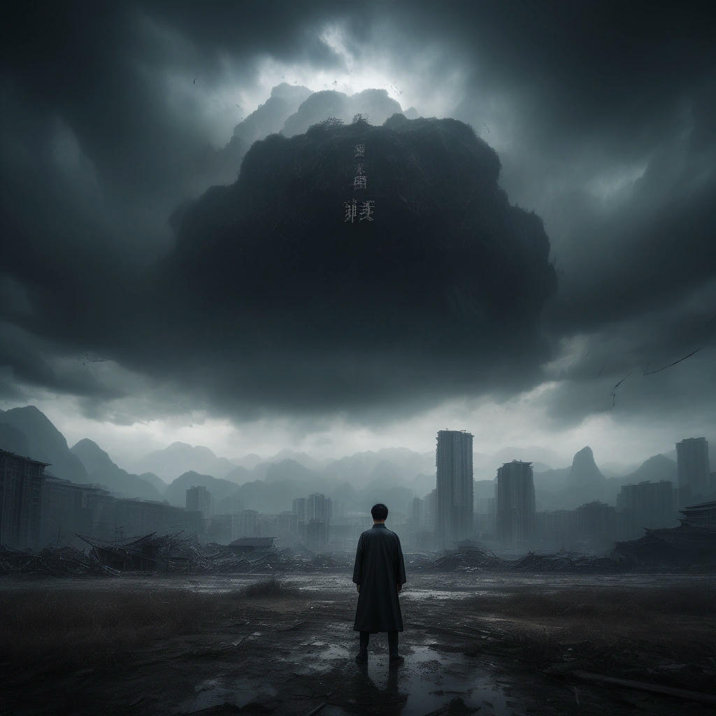 A dramatic, apocalyptic landscape with a giant, ominous eye of the Chinese Social Credit System looming in the background, God standing in the foreground, looking worried and powerless, dark clouds and lightning bolts everywhere