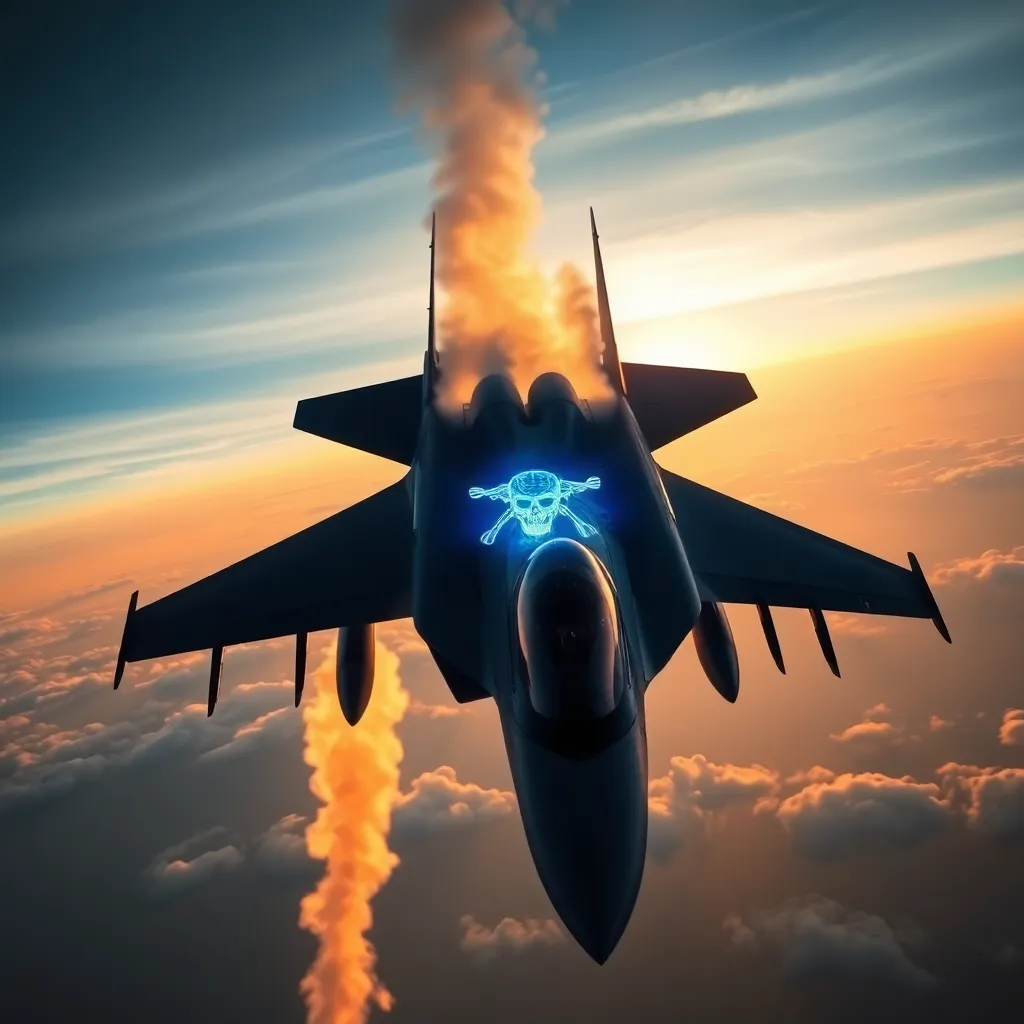 A fighter jet falling through the sky with a giant blue screen of death projected onto its cockpit glass, smoke trailing from the engines, dramatic sunset background