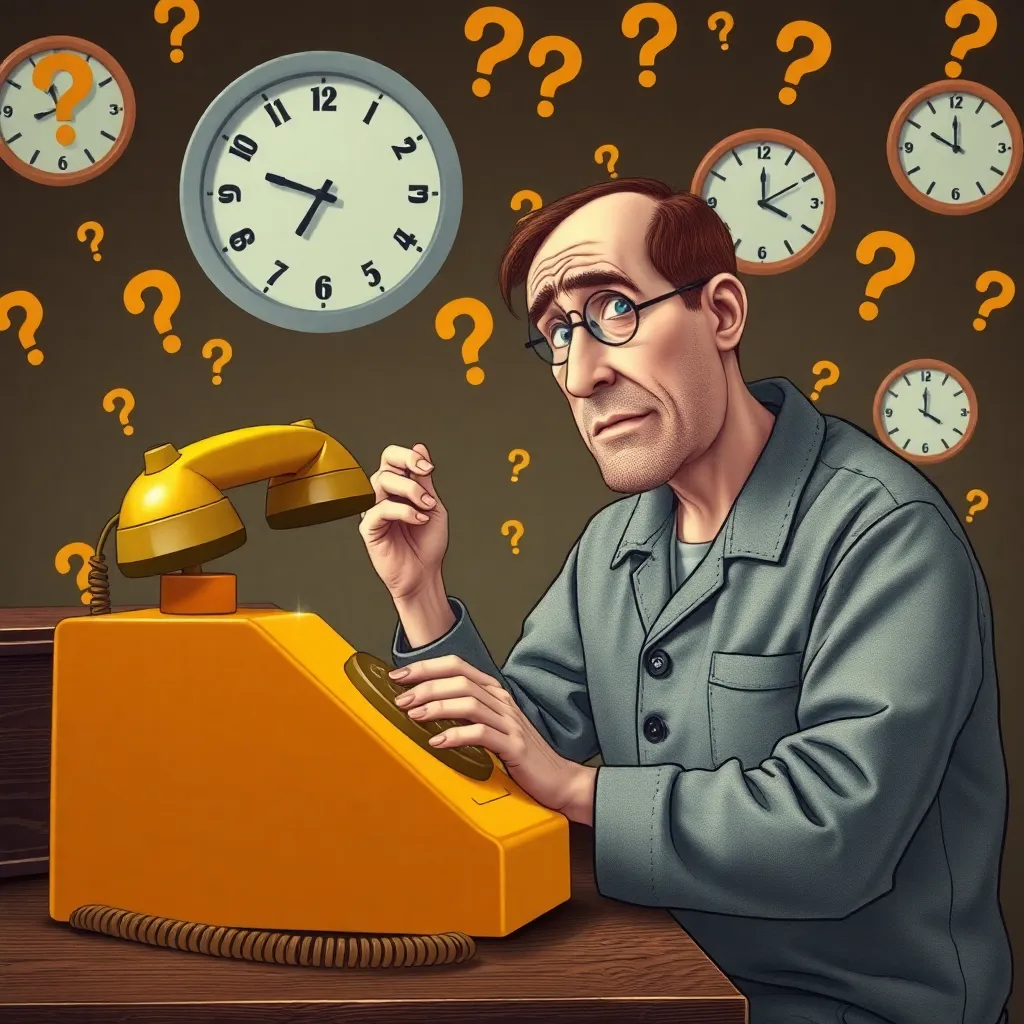A confused man in pajamas talking to a government hotline operator through a vintage telephone made of cheese, background filled with floating question marks and clocks showing 3:17