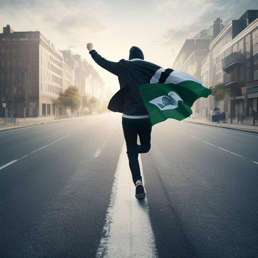 Commuter running with 'Eco' flag held high and plastic bag cape flowing