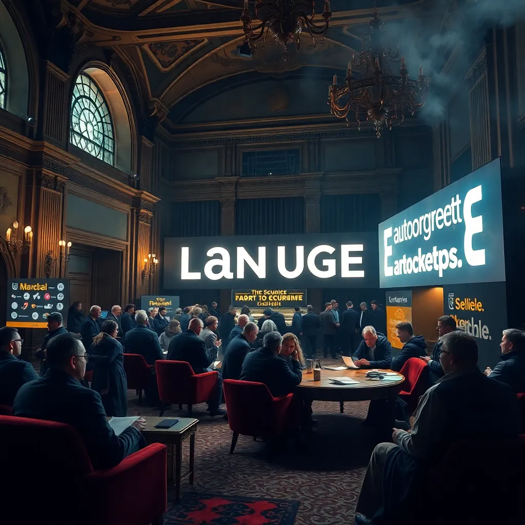 an extravagant language expo inside a grand hall, velvet-clad speakers lounging elegantly, dramatic hand-talking in Italian style near a kitchen display, tech workers wrestling with giant glowing autocorrect text bubbles, stormy nordic maritime corner with damp cloaks and mist, theatrical and richly detailed