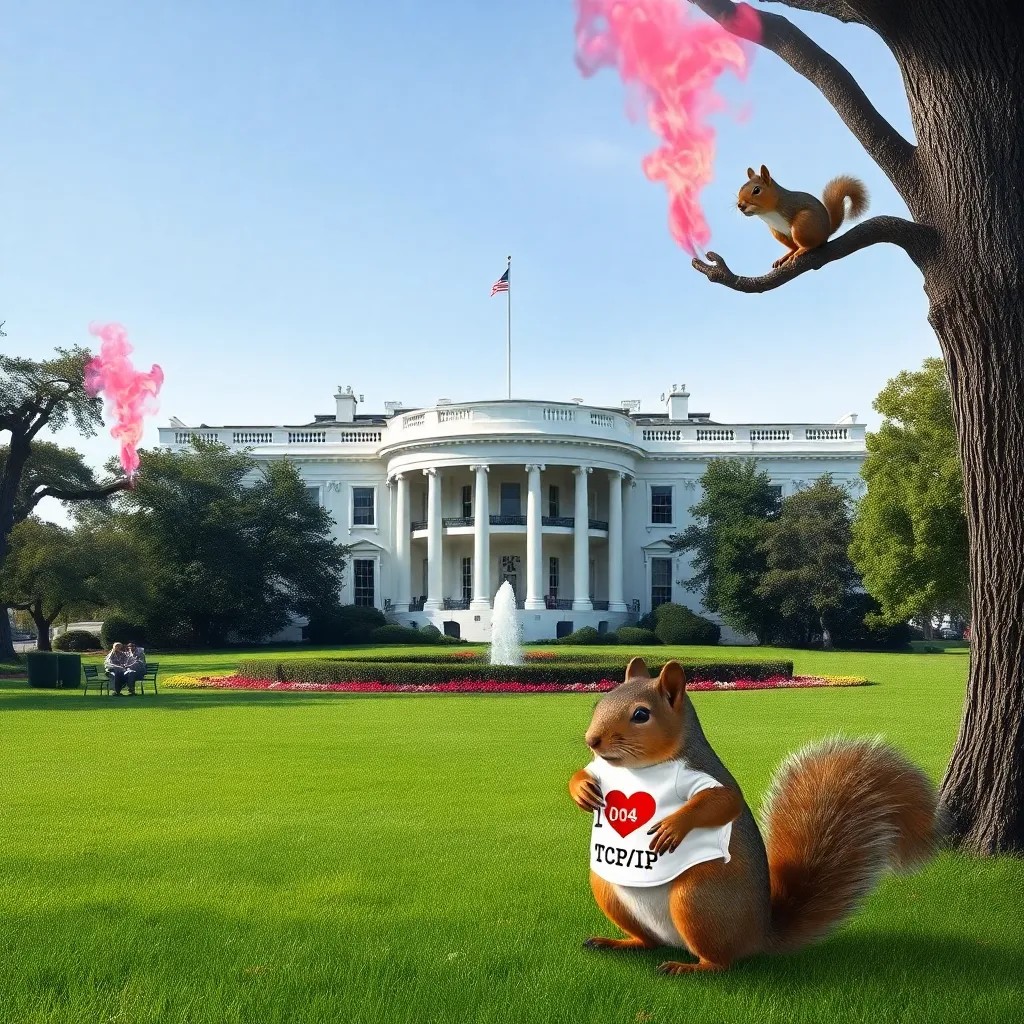 White House lawn filled with officials desperately sending smoke signals shaped like error messages '404', confused squirrels watching from oak tree, one squirrel holding a miniature 'I ♥ TCP/IP' shirt