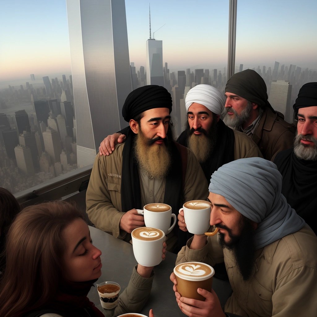 Crowd gathering at Bin Laden's coffee shop
