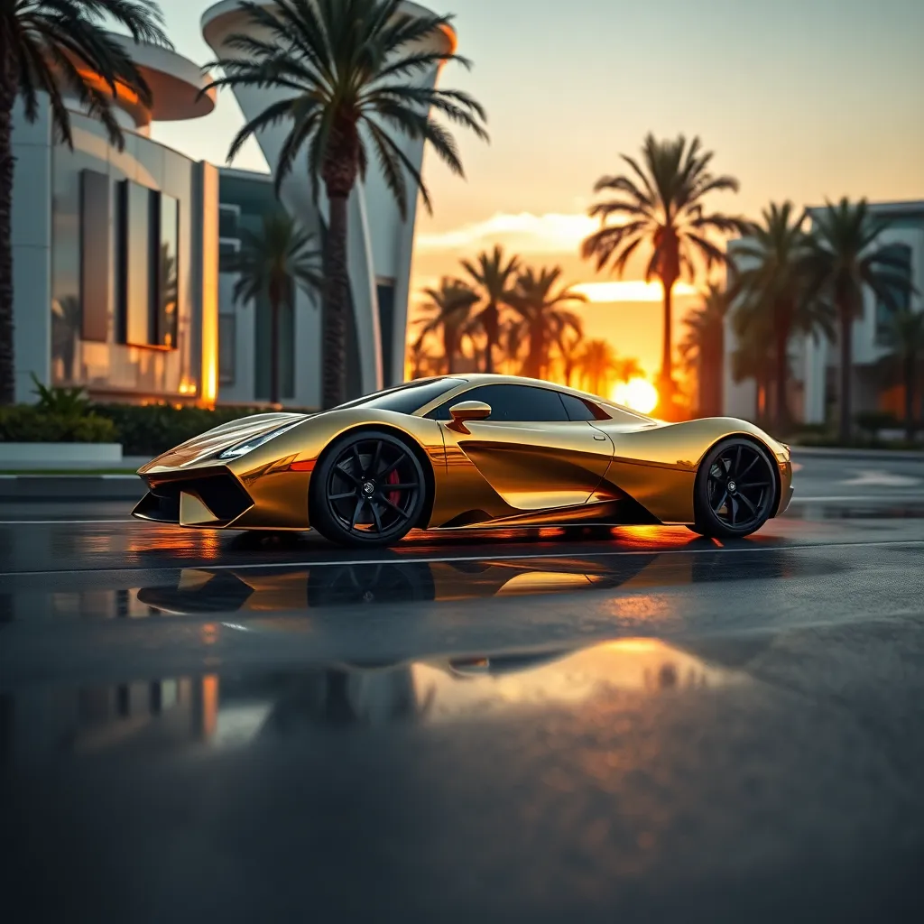 A gold-plated supercar driving on a mirror-like black asphalt road in a luxury village, futuristic architecture in the background, sunset lighting, reflections of palm trees on the car body