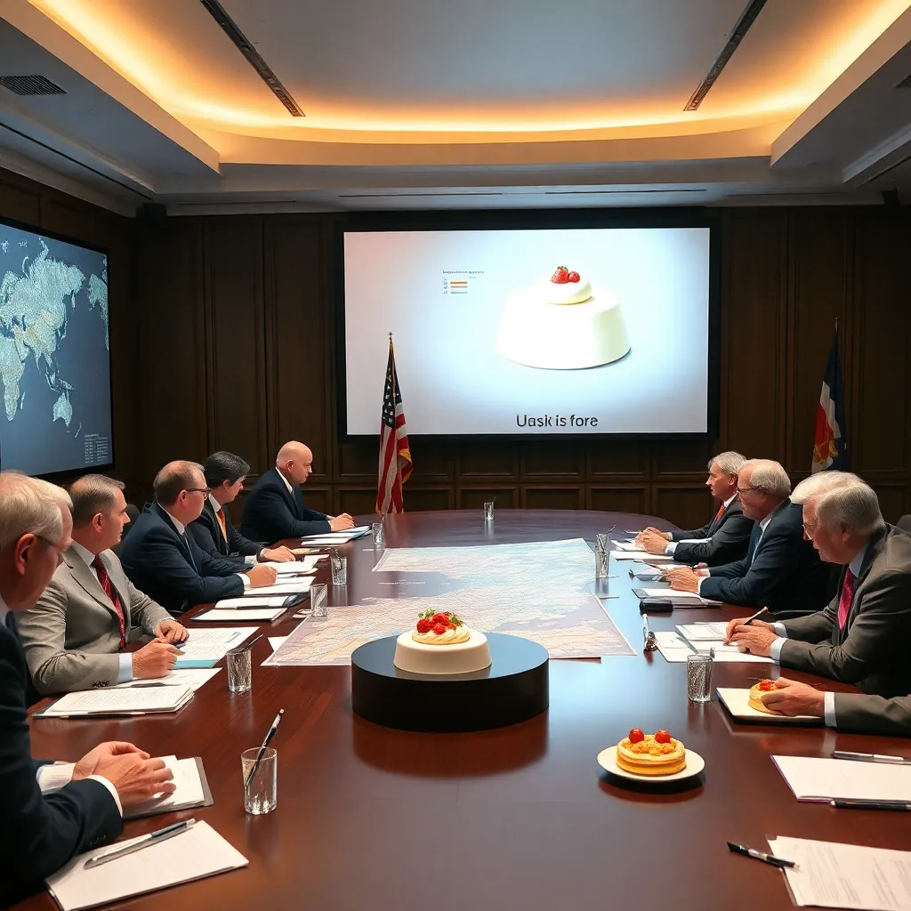 international crisis room where world leaders and analysts study giant screens showing a pudding like a military threat, maps, charts, spoons, pastries on briefing tables, frantic note-taking, dramatic lighting, absurd high-stakes realism