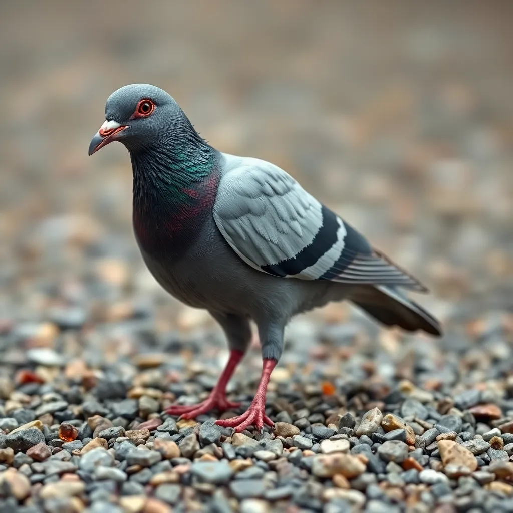 A gritty urban pigeon wearing a tiny corporate suit and tie, standing on a pile of gravel, looking professional yet exhausted, hyper-realistic
