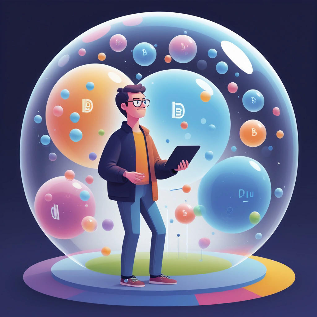 An illustration of a programmer standing inside a bubble labeled 'Blub', unable to see the full spectrum of programming languages outside the bubble.