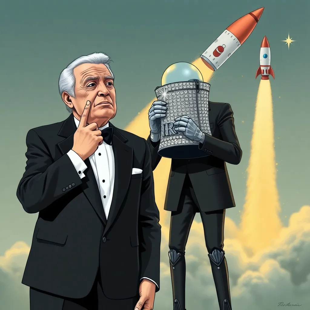 A wealthy billionaire in a tuxedo crying while a robotic IRS agent takes his diamond-encrusted top hat, in the background a rocket is being fueled with liquid cash