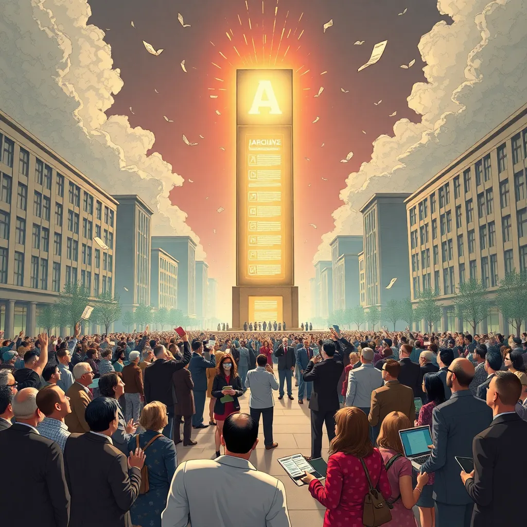surreal scene of citizens in a city square gathered around a towering glowing archive icon monument, people in business attire and pajamas reacting dramatically, papers flying, laptops open, absurd sense of national crisis, rich detailed illustration
