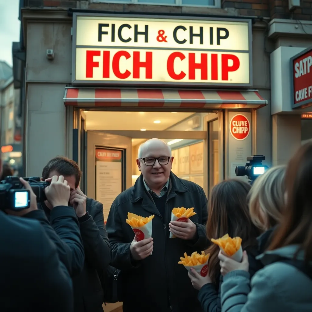 crowd of British reporters and locals outside a fish and chip shop at dusk, serving hatch open, bald owner in glasses leaning out defiantly, people holding wrapped chips, camera flashes, humorous but cinematic tension, realistic urban high street scene