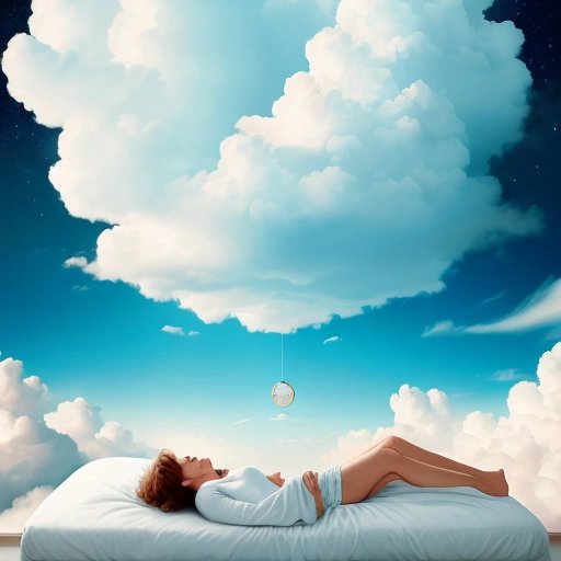 Person floating on a cloud bed surrounded by alarm clocks