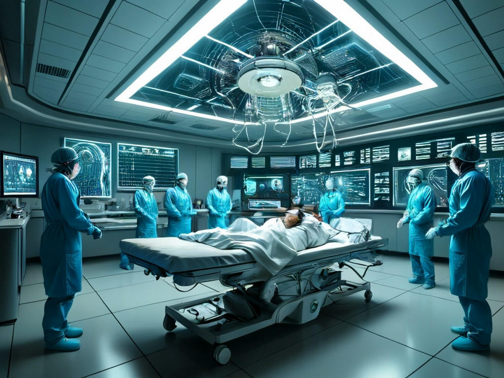 A futuristic, high-tech operating room with a team of surgeons and engineers in scrubs, surrounding a patient lying on the table, Neuralink's AI-powered chip visible on a screen, intricate details, realistic lighting, and a sense of excitement and anticipation