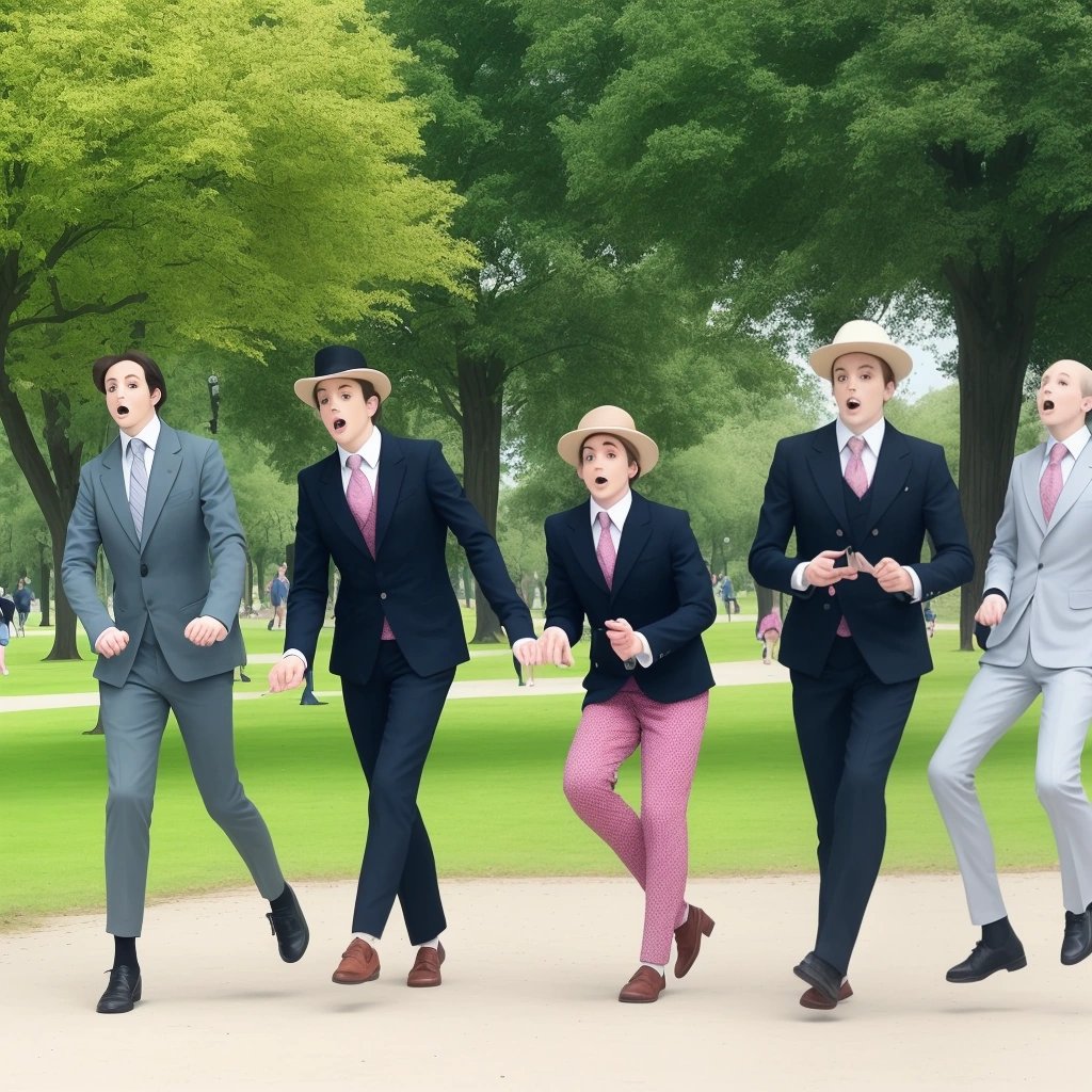 People copying the Minister of Silly Walks' walk in a park