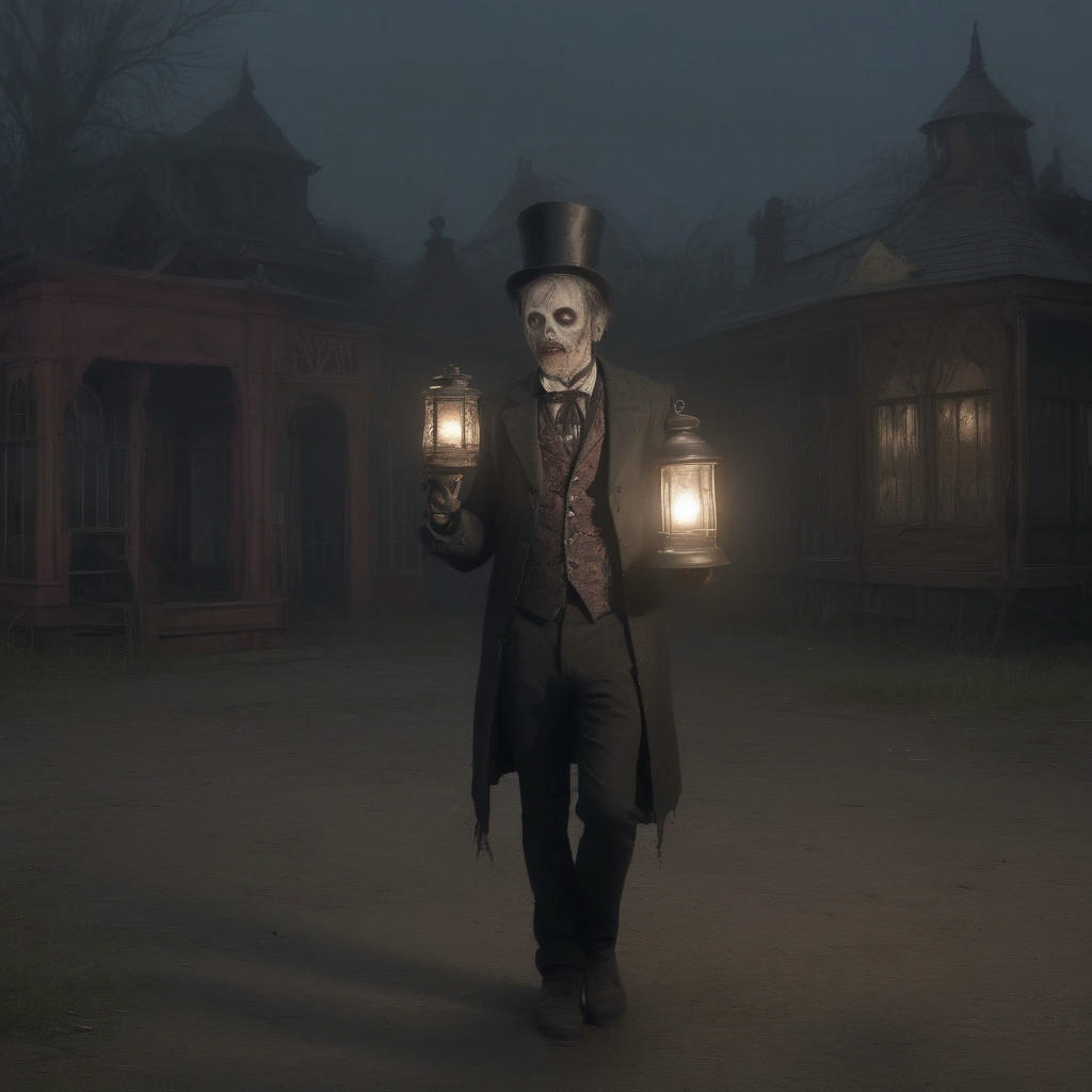 zombie in Victorian attire holding a lantern, walking past an old funhouse with broken mirrors