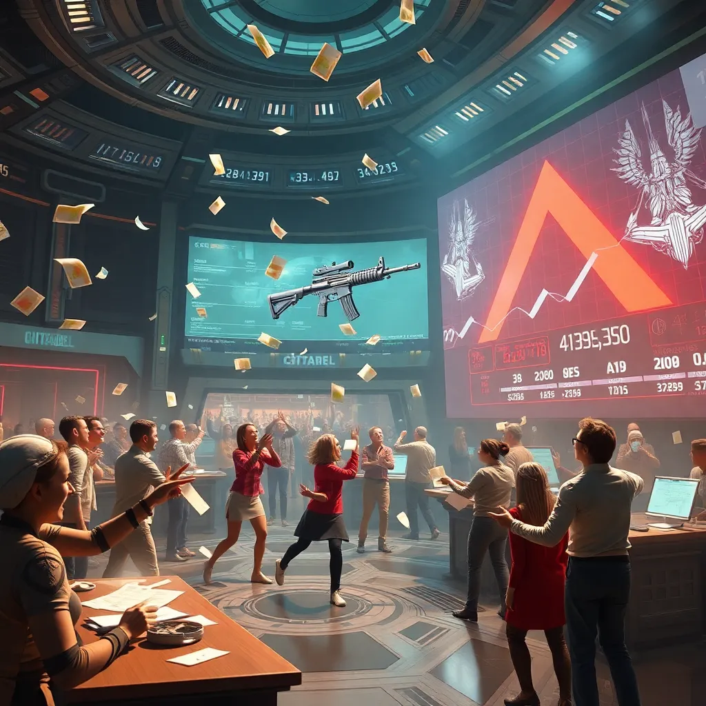 A frantic stock market floor on the Citadel, various aliens like Turians and Salarians screaming and throwing holographic papers into the air, a giant digital screen showing a red downward arrow next to a picture of a high-end rifle