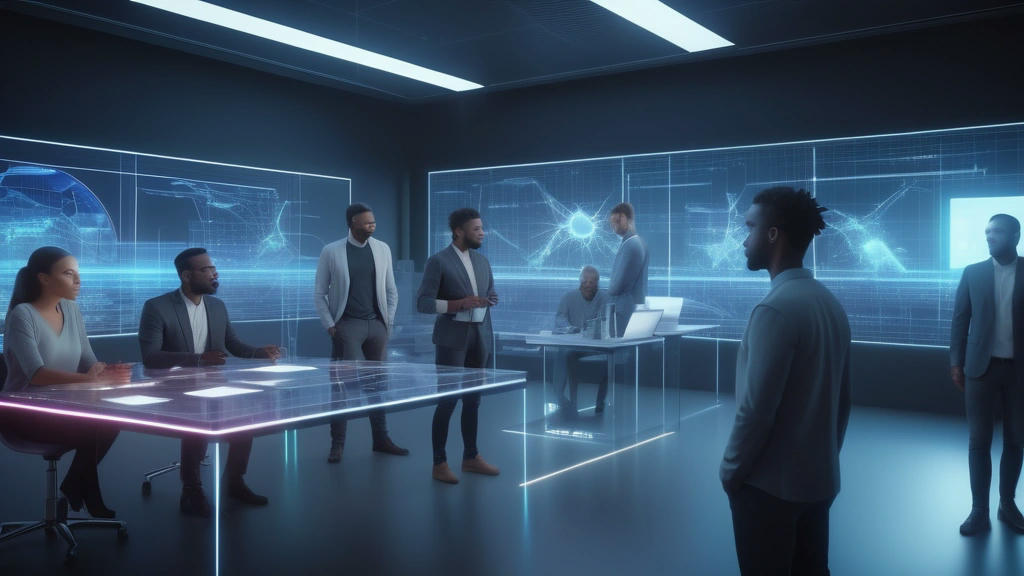 diverse group of people collaborating with AI, holographic interfaces, futuristic office environment, high-tech gadgets, photorealistic, ultra-high definition, dynamic lighting