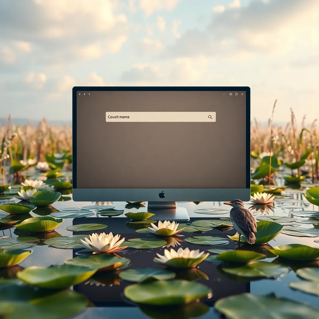 a surreal close-up of a computer desktop interface transformed into a luxurious wetland, file folders like lily pads floating in shallow reflective water, elegant search window glowing softly, tiny business heron serving as concierge, cinematic magical realism, hyper-detailed digital art