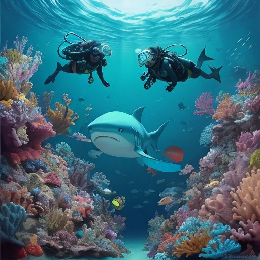 Scuba-diving creatures tending to a shark's teeth
