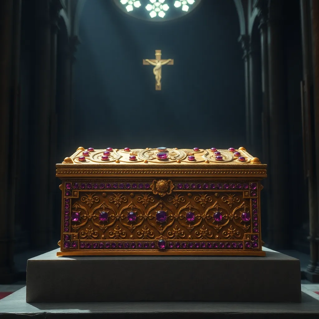 An ancient ornate golden box encrusted with rubies and emeralds sitting on a stone altar in a dark cathedral, glowing with a faint holy aura, dust motes dancing in a single beam of light