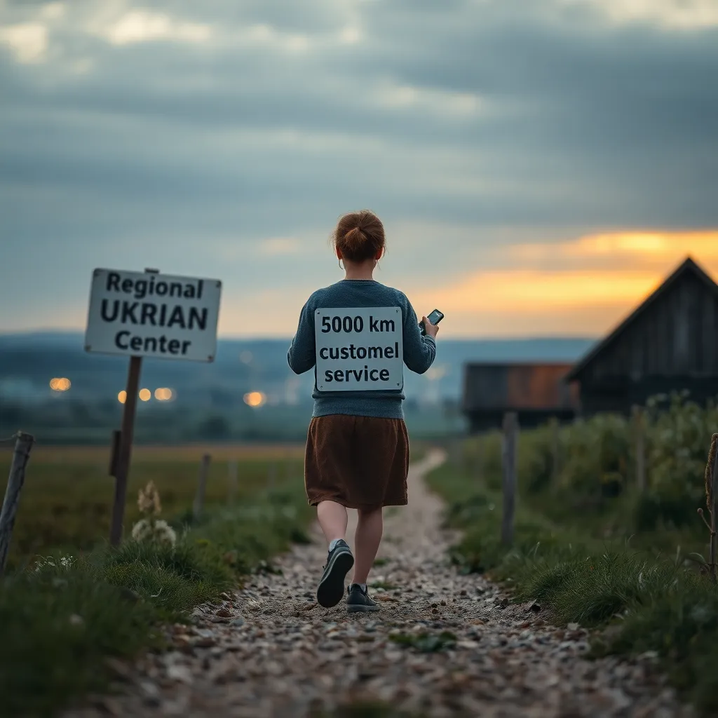 A tiny Ukrainian village resident walking toward a distant city labeled 'Regional Center', holding a broken smartphone, with a sign saying '500 km to customer service', dramatic lighting