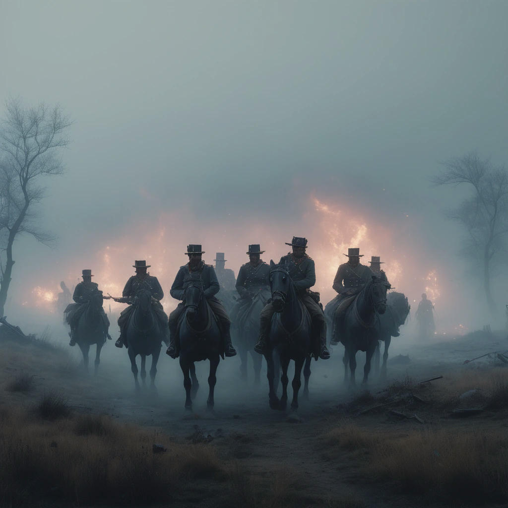 A haunting and atmospheric depiction of the aftermath of the Charge of the Light Brigade, with wounded horses and men scattered across the battlefield, smoke and fog hanging in the air, highly detailed and realistic, cinematic lighting, 4k, by Simon Stalenhag