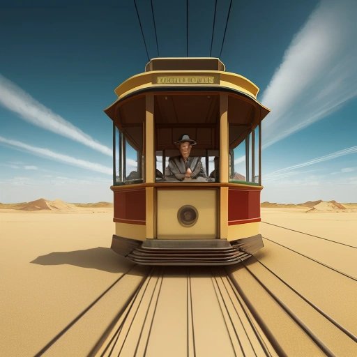 Johnathan on a sand-filled tram in a parallel world