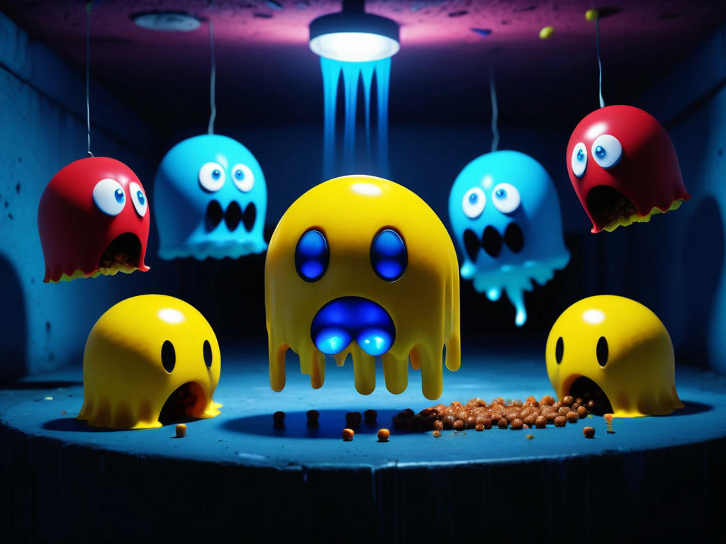 Pac-Man eating a power pellet, ghosts turning blue and looking scared, bright and colorful atmosphere