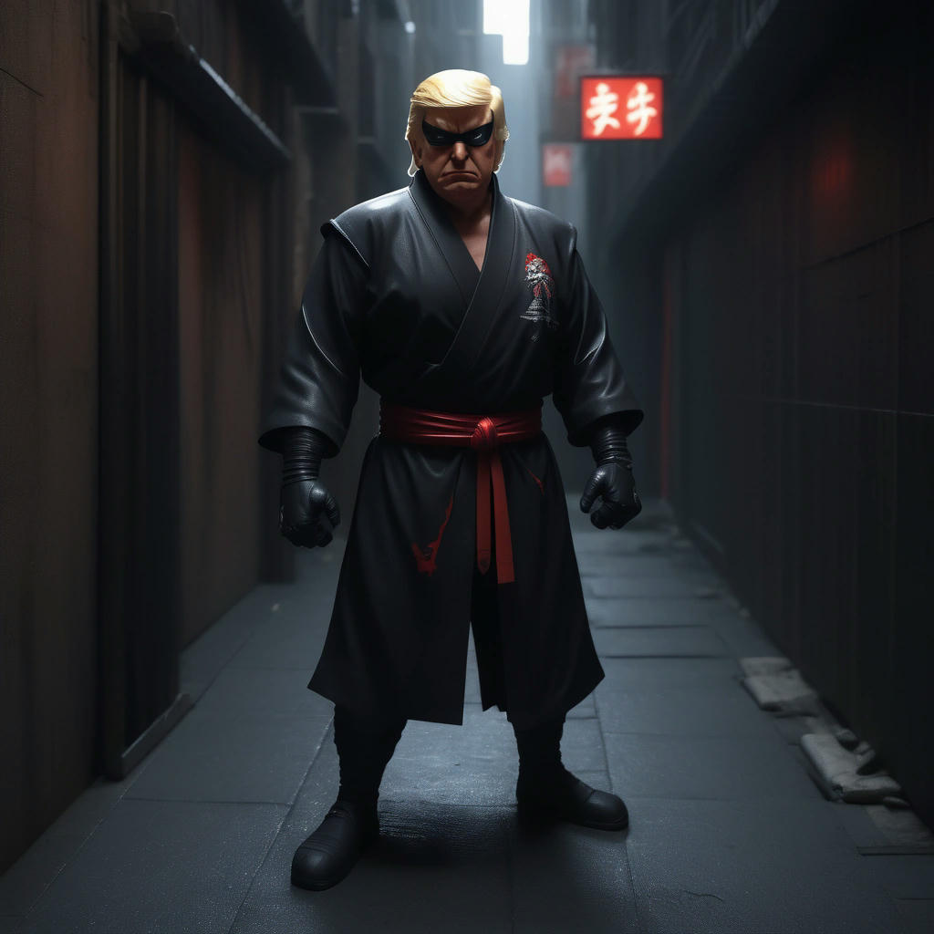 Donald Trump in a ninja costume, standing in a dark alleyway, surrounded by defeated ninjas, with a confident smirk, photorealistic, high detail, trending on artstation