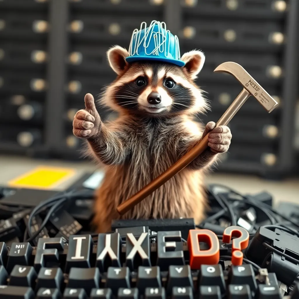 smug raccoon wearing a tiny hard hat made of paperclips, standing atop rubble of server equipment, giving a thumbs-up with one paw while holding a bent crowbar, scattered keyboard keys spelling 'FIXED?' in foreground