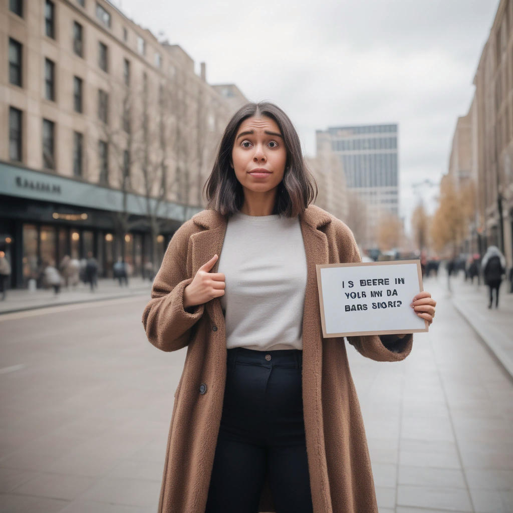 a funny image of a woman standing in front of a cityscape, holding a sign that says 'I deserve better than bears', with a confident expression, humorous, cartoon style, trending on instagram