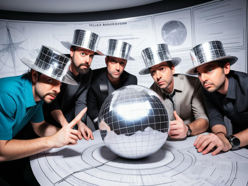 A group of conspiracy theorists with tinfoil hats, pointing at the Las Vegas Sphere, with diagrams and charts in the background