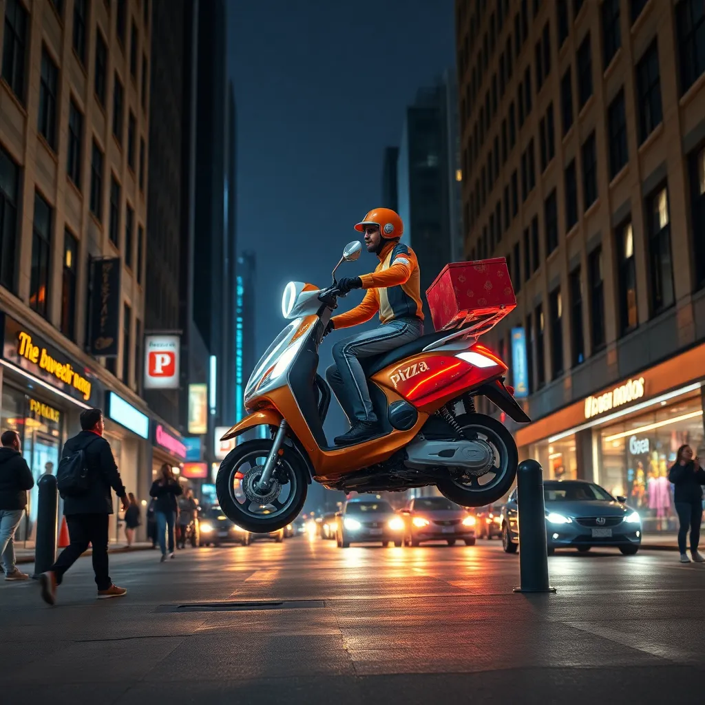 busy city street at night with a gleaming pizza delivery scooter hovering above the ground like alien technology, delivery rider in retro-futuristic uniform, neon reflections, pedestrians staring upward, whimsical sci-fi urban realism