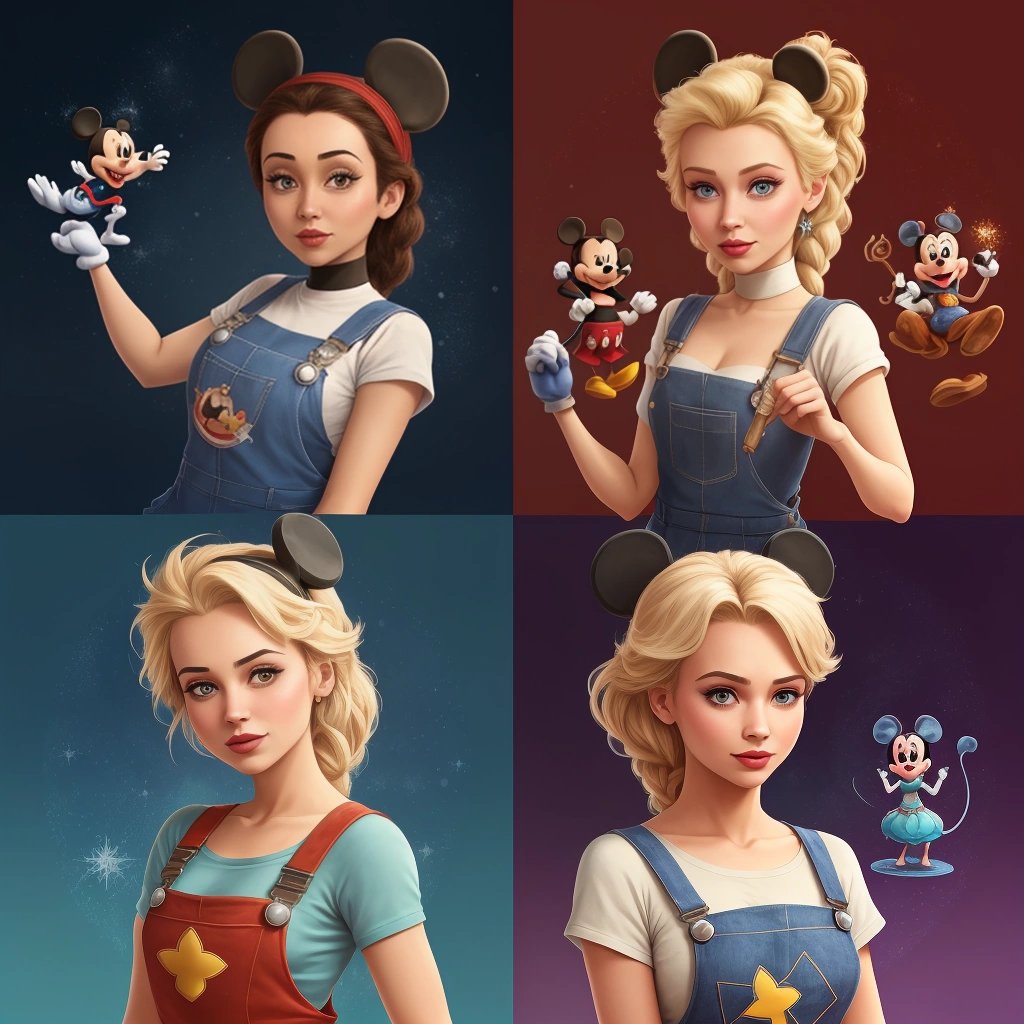 Disney characters in mechanic overalls with mufflers