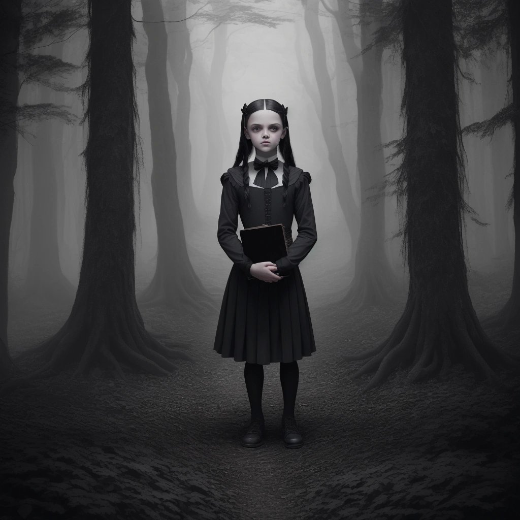 Wednesday Addams in a dark forest