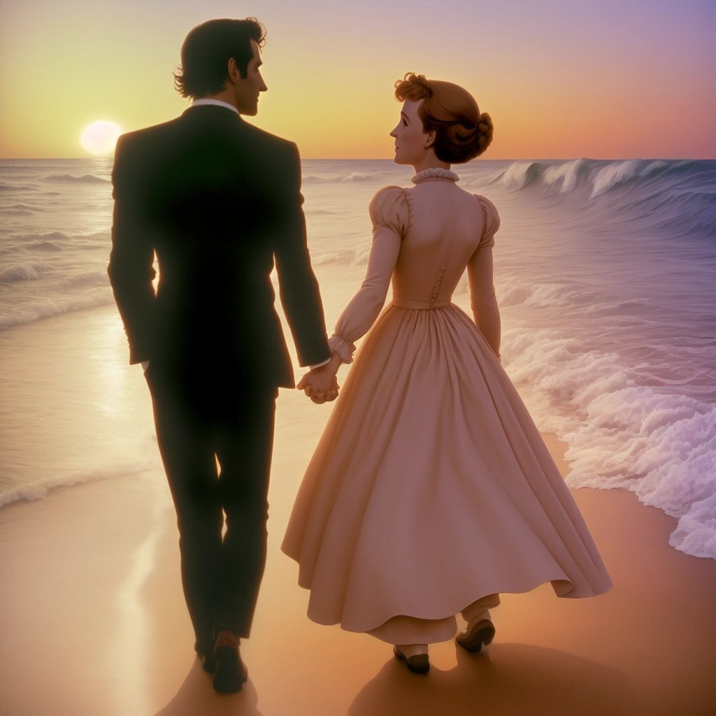 Julie Andrews and Ugo Tazella walking on an Italian beach at sunset