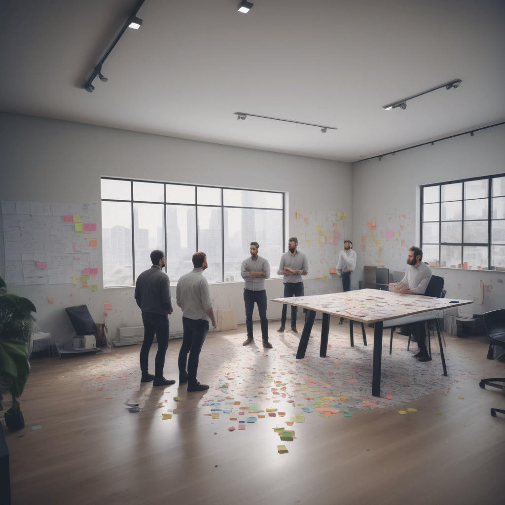 a team of developers gathered around a whiteboard, sticky notes and markers scattered around, a scrum master in the middle, facilitating a retrospective, modern office, natural light, high ceilings, trendy, 4k, cinematic lighting, hyperdetailed, photorealistic