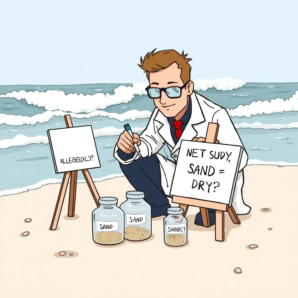 Final gag teaser: scientists to investigate whether sand is dry or “tiny rocks that make you feel betrayed”