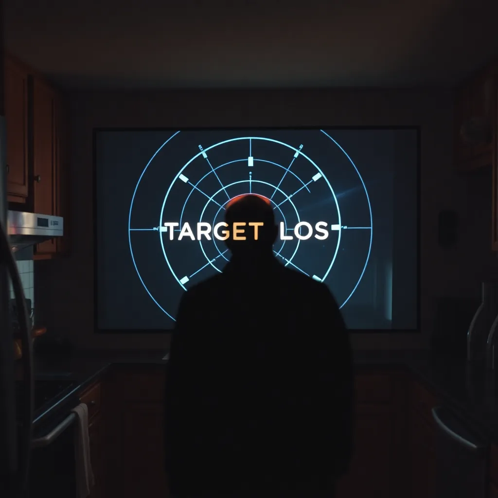 A high-tech military radar screen showing a 'Target Lost' message in a suburban kitchen setting, with a silhouette of a man blending into a wallpaper pattern