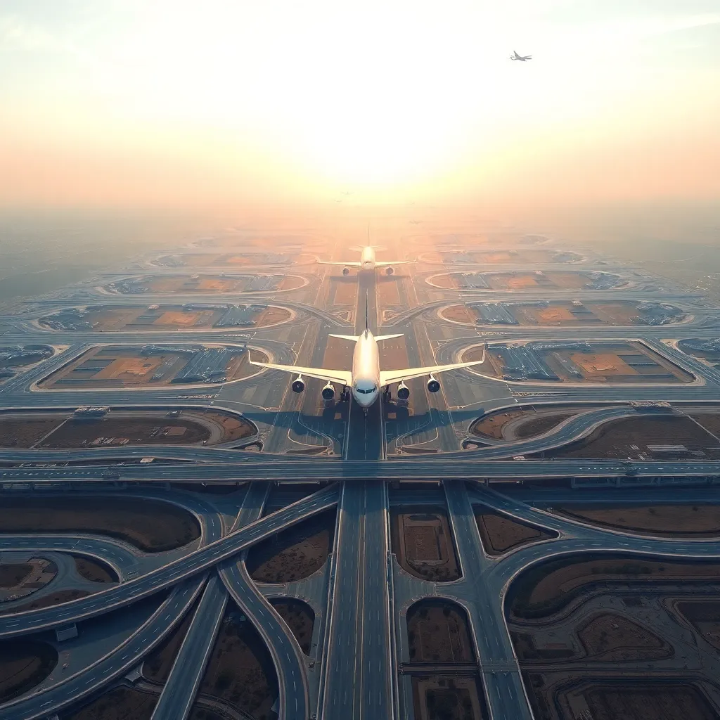 A futuristic mega-airport in a rural setting with dozens of giant runways, massive cargo planes landing, complex highway interchanges, industrial scale infrastructure, sunset background