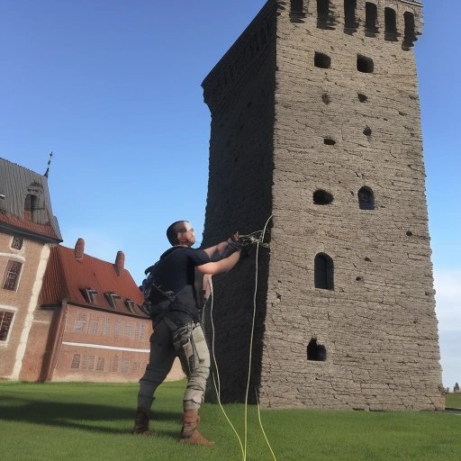 Joel scaling Castle wall with gaming equipment
