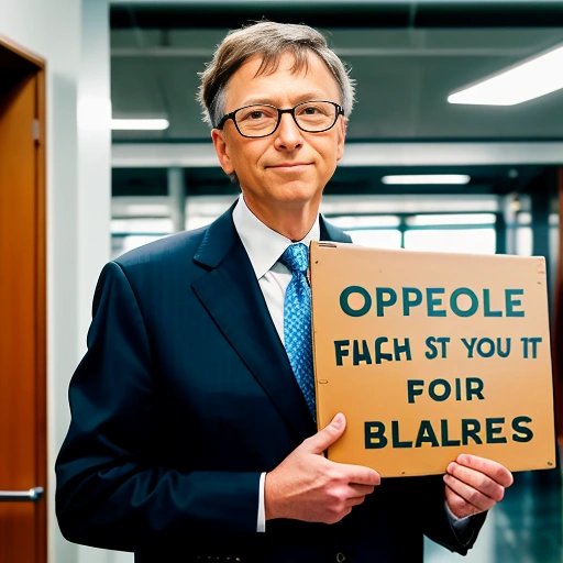 Bill Gates with a sign