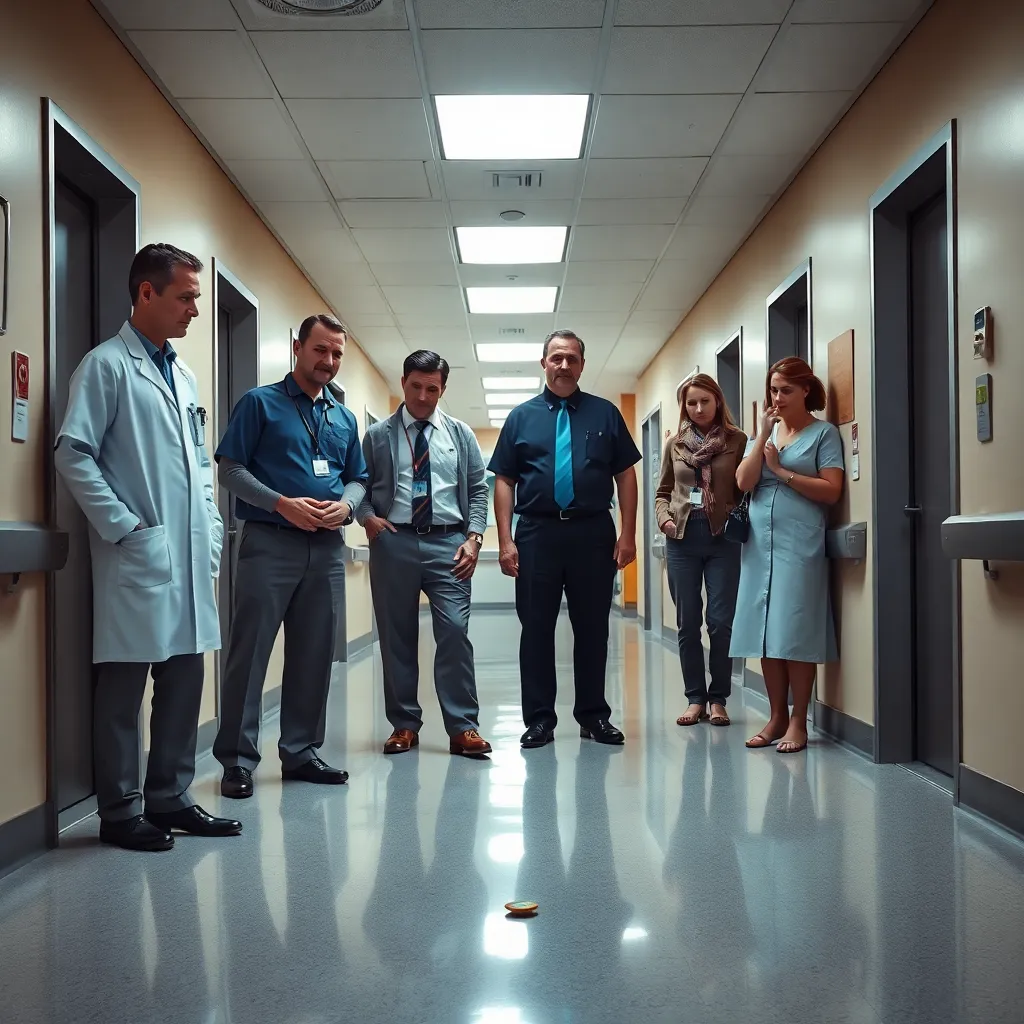 odd search party in hospital corridor including doctor, receptionist, porter, anxious man, and confused visitors looking for tiny parking token on shiny floor near elevators and gift shop, dramatic overhead lighting, realistic comedic absurdity