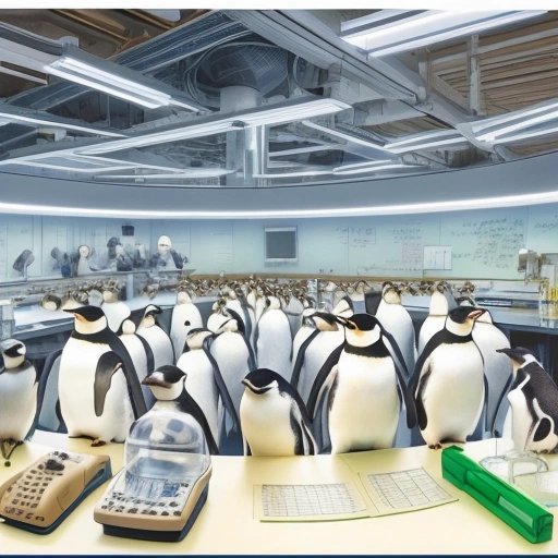 Scientists observing confused penguins