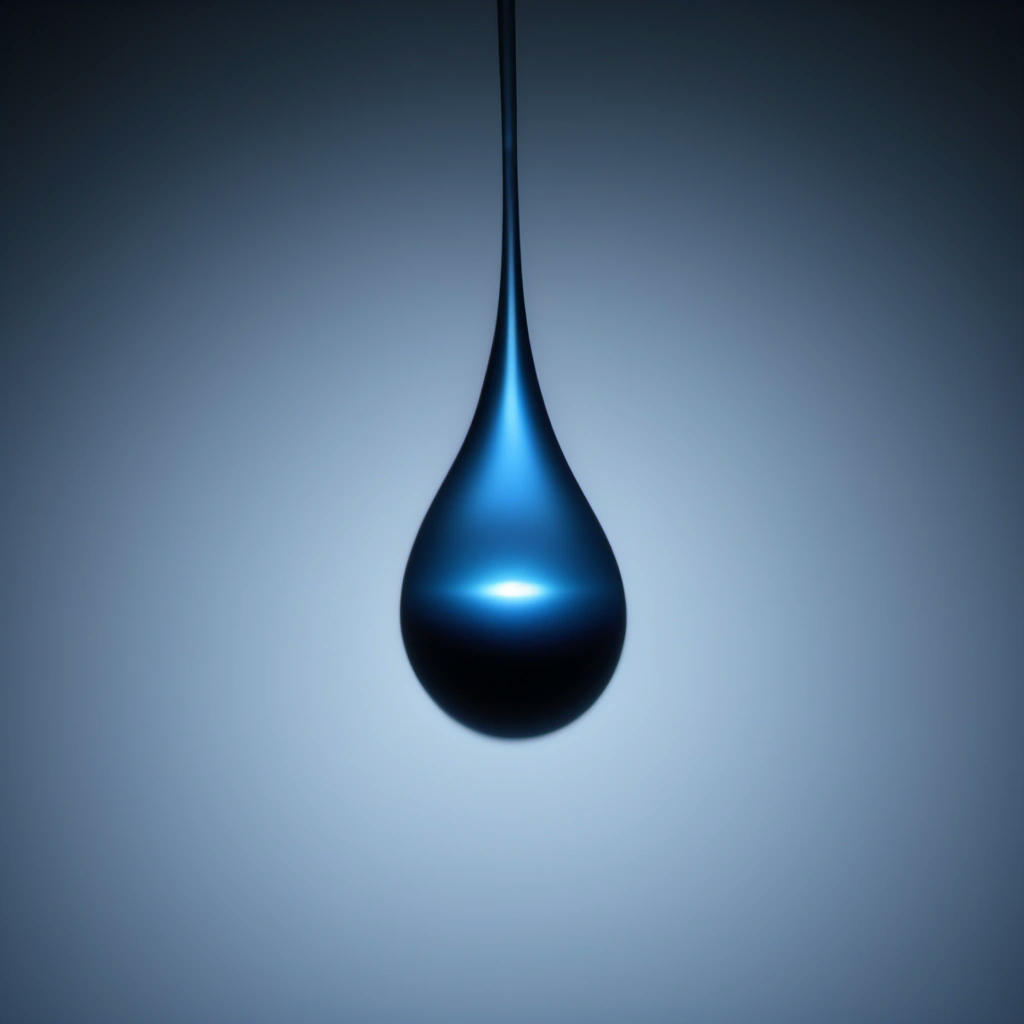 A transparent water droplet hovering in mid-air emitting a blue glow.