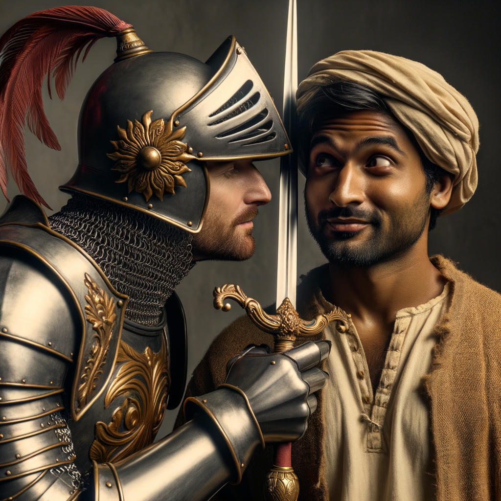 A knight in shining armor whispering 'Nyx' into the ear of a baffled villager