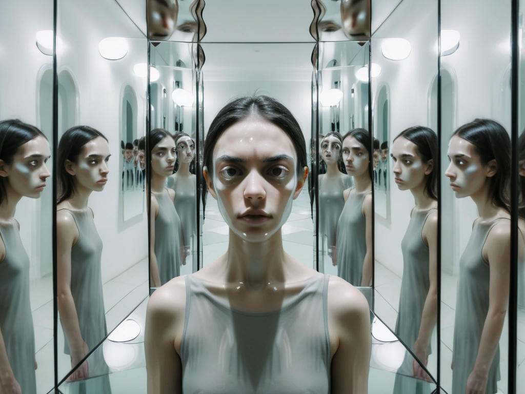 A person surrounded by mirrors, each reflecting a different, distorted version of themselves, with a faint image of a perfect, serene face in the background, symbolizing the pressure to conform